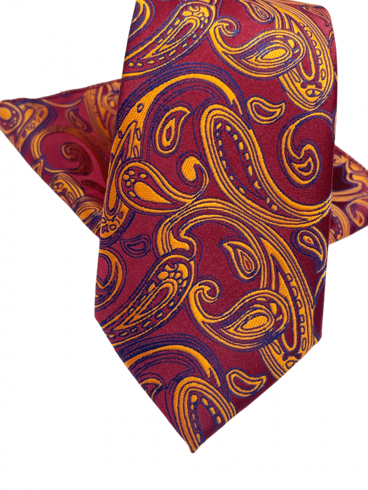 Set cravata slim cu batista Paisley TODD, Visiniu/ Galben [3]