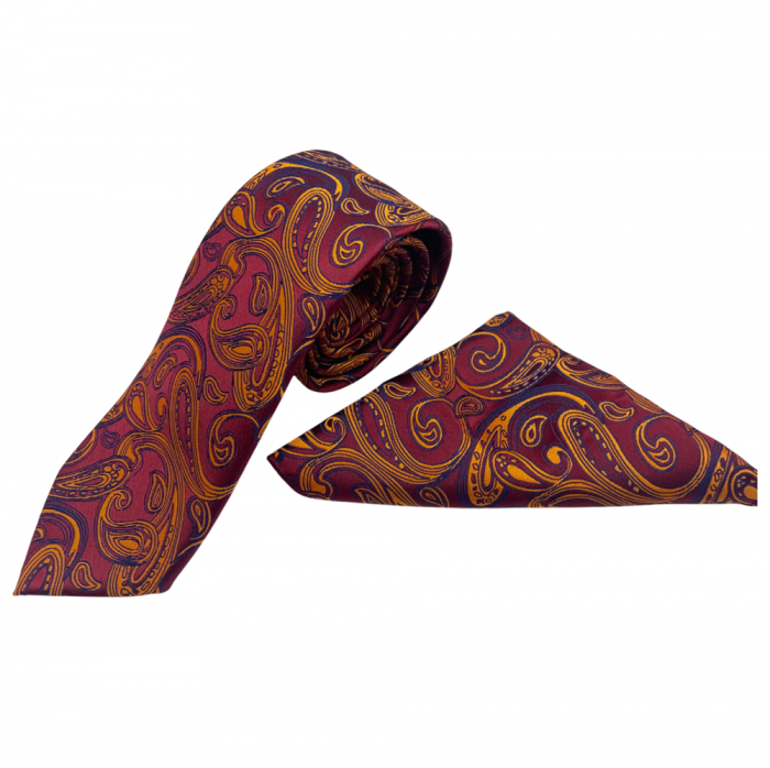 Set cravata slim cu batista Paisley TODD, Visiniu/ Galben [2]