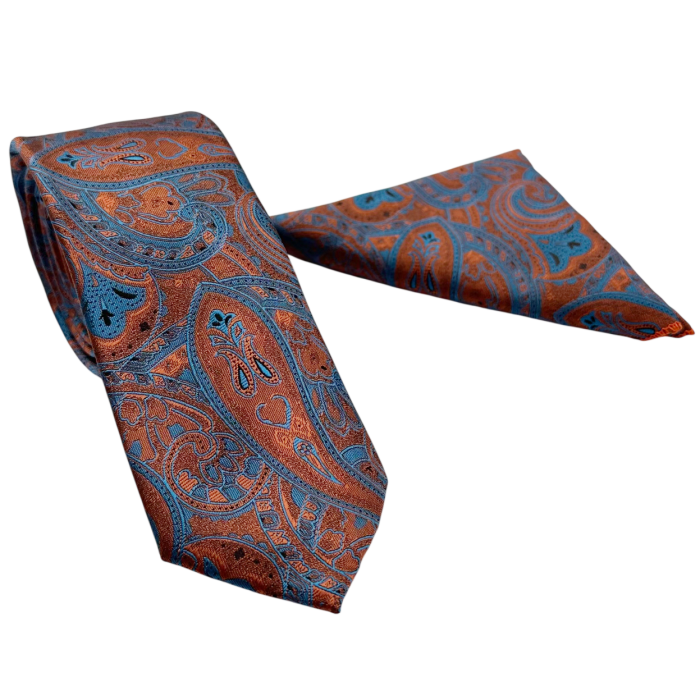 Set Cravată și Batista Paisley Cupru & Albastru Regal [3]