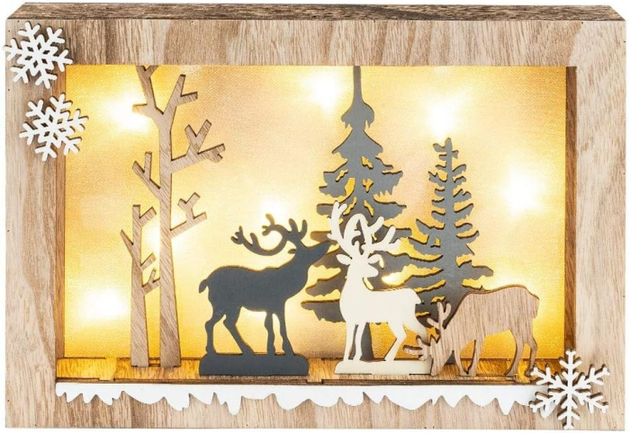 Tablou din Lemn cu LED – Scenă de Iarnă cu Reni [1]