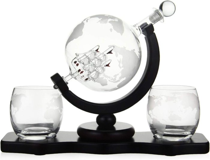 Set Decantor Glob Pamantesc cu 2 Pahare si Suport din Lemn [2]
