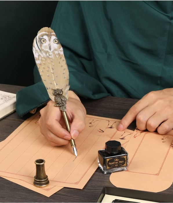 Set Pană de Scris cu Cerneală HEDWIG – Stil Harry Potter, Bufniță Alba [3]