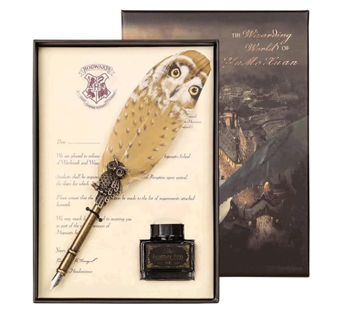Set Pană de Scris cu Cerneală HEDWIG – Stil Harry Potter, Bufniță Aurie [1]