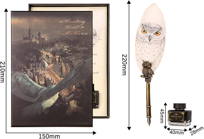 Set Pană de Scris cu Cerneală HEDWIG – Stil Harry Potter, Bufniță Aurie [3]