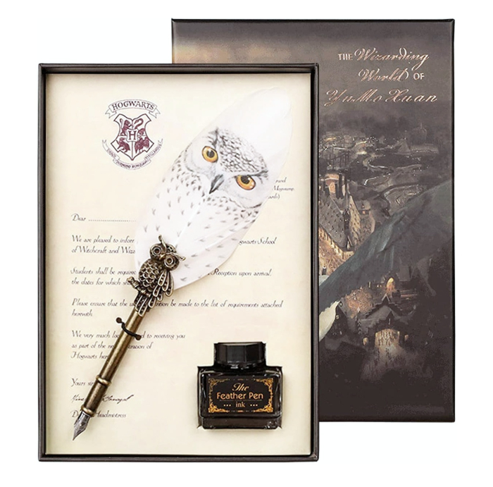 Set Pană de Scris cu Cerneală HEDWIG – Stil Harry Potter, Bufniță Alba [1]