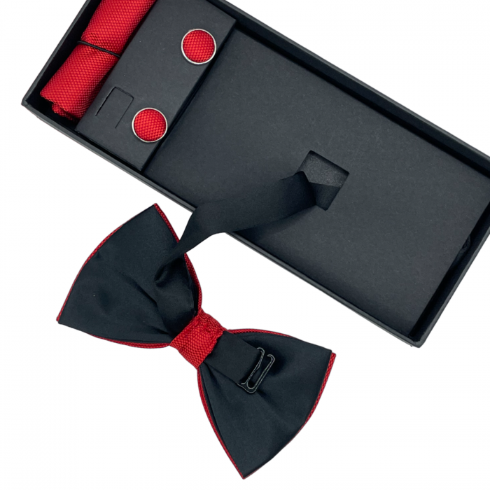 Papion rosu OXFORD, Set cu butoni si batista [3]