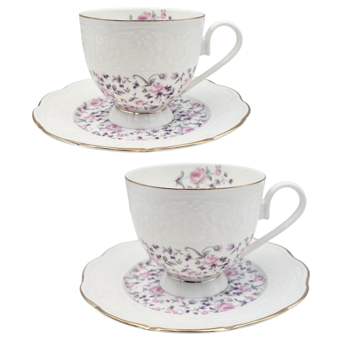 Set Portelan Vintage, 2 Cesti & Farfurioare cu flori roz, LEONIE, 220ml [1]