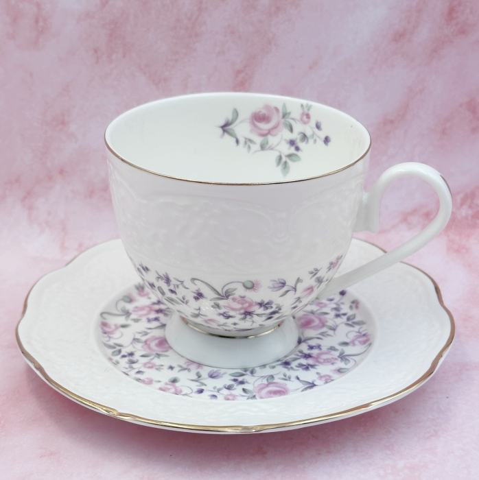 Set Portelan Vintage, 2 Cesti & Farfurioare cu flori roz, LEONIE, 220ml [6]