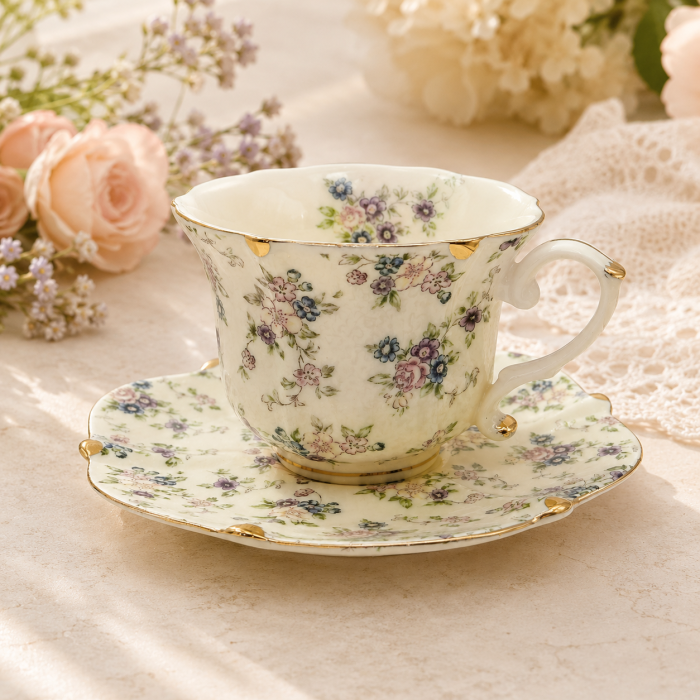 Set Portelan Vintage cu flori delicate roz si mov - pentru cafea sau ceai [5]