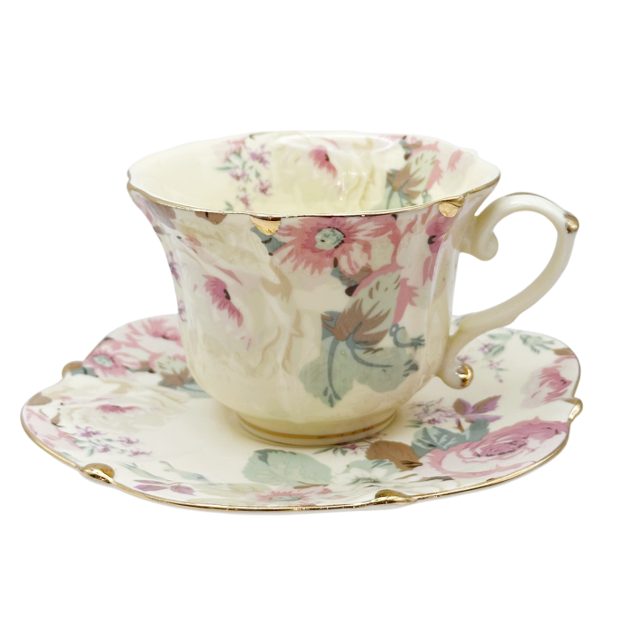 Set cafea Vintage - 2 Cesti si Farfurii cu flori roz delicate [2]