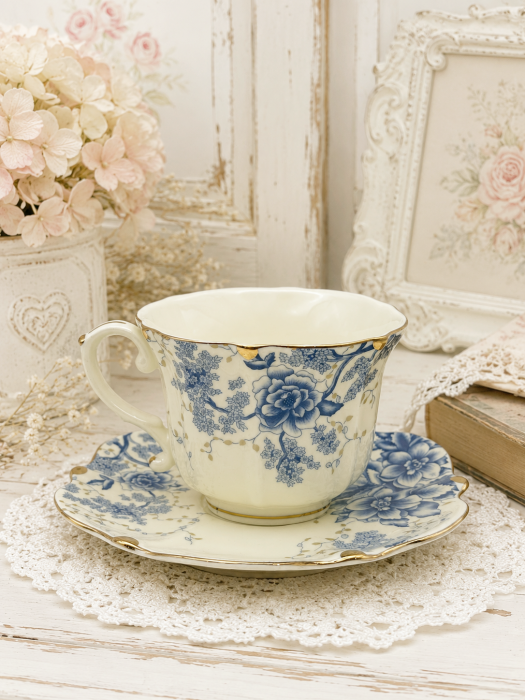 Set 2 cesti cu 2 farfurii portelan - decor floral albastru cu accente aurii [4]