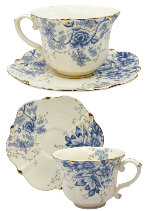 Set 2 cesti cu 2 farfurii portelan - decor floral albastru cu accente aurii [1]