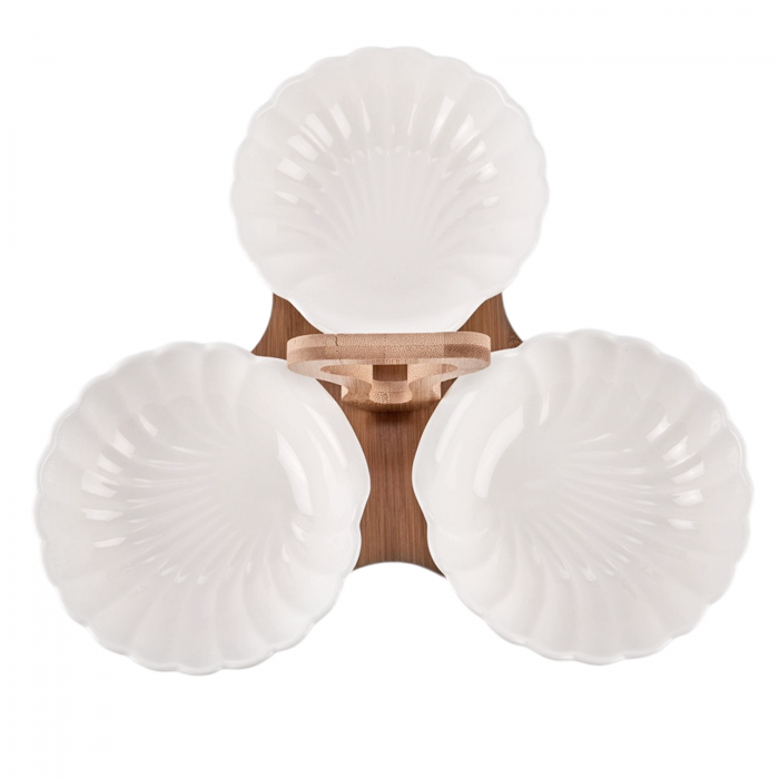 Set 3 Boluri ceramica MARCUS cu suport bambus, Alb, 32cm [2]