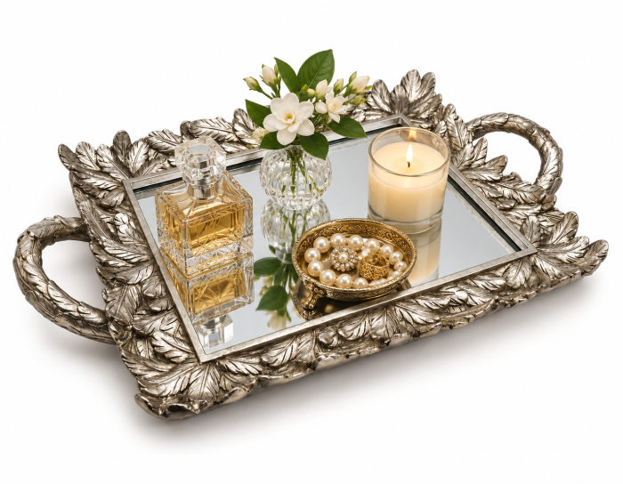 Tava decorativa argintie cu oglinda ANTIQUE LEAVES – 38x25 cm [2]