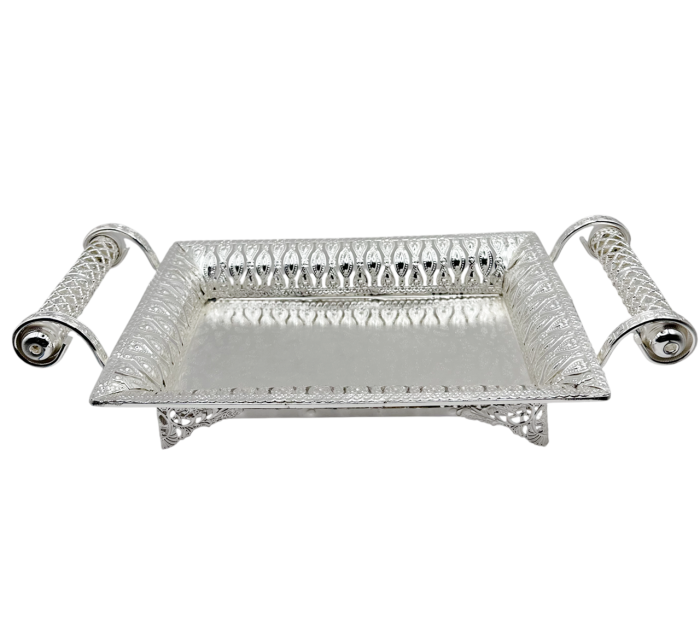 Tava decorativa argintata SILVER LACE cu manere - decor masa elegant [2]