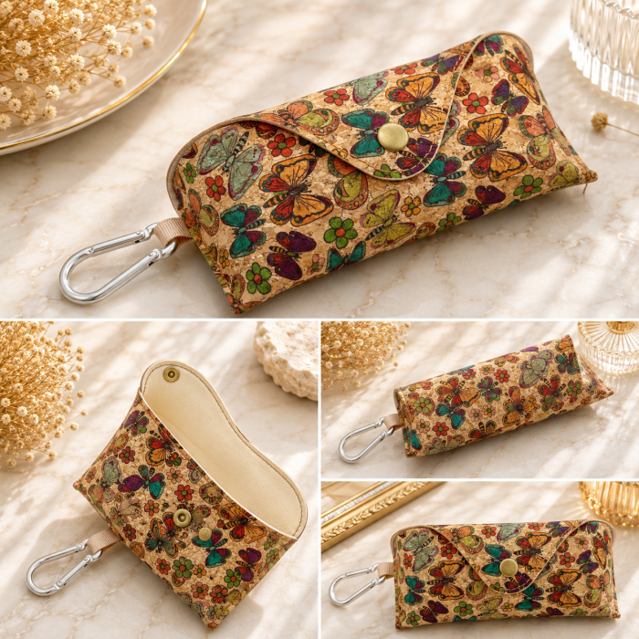 Etui pentru ochelari - din pluta - Model Fluturi Multicolor cu carabina [4]
