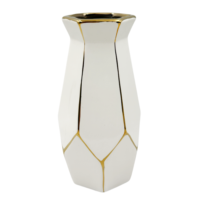 Vază Decorativă Albă cu Accente Aurii – Design Geometric [2]