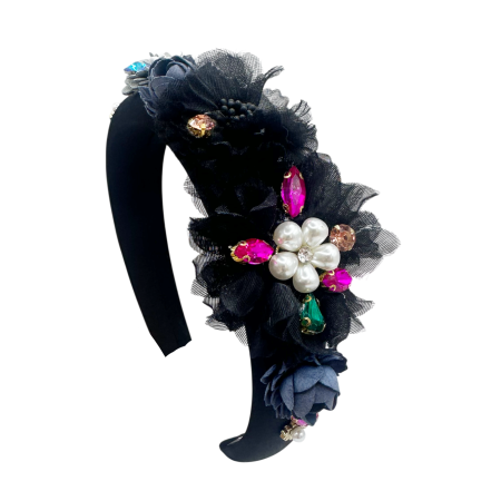 VARA CU STIL - Bentita Bufanta AURORA Neagra, Cu Margele si Flori