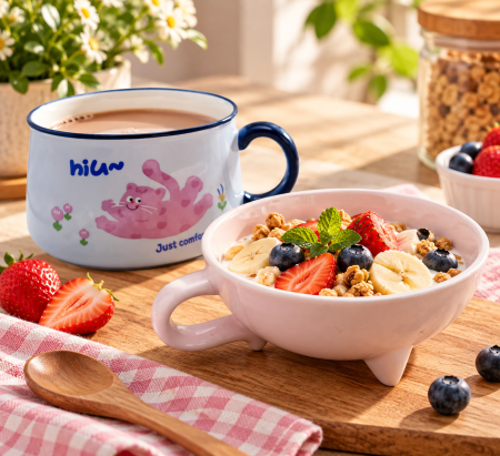 Primavara & Paste - Bol ceramic albastru cu capac 2 in 1 - Design Pisica SIMBA
