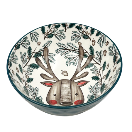 SERVIRE & DECORARE MASA CRACIUN - Bol ceramic de Crăciun cu ren și crenguțe de brad VIXEN