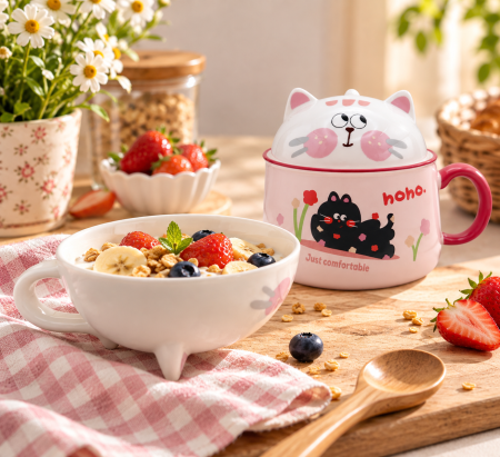 Primavara & Paste - Bol ceramic roz cu capac 2 in 1 - Design Pisica SIMBA