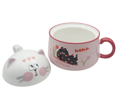 Bol ceramic roz cu capac 2 in 1 - Design Pisica SIMBA [3]