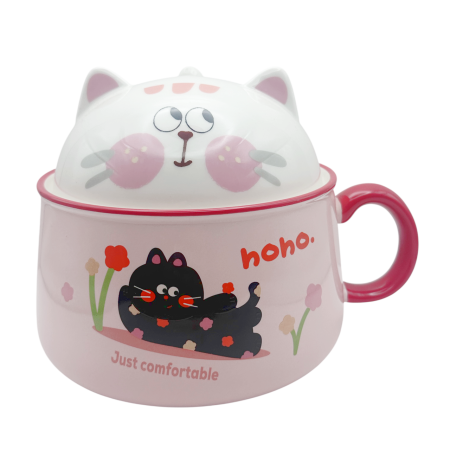 Bol ceramic roz cu capac 2 in 1 - Design Pisica SIMBA [1]
