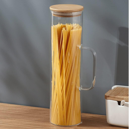 Depozitare Alimente & Condimente - Borcan pentru Spaghete LEIF, Sticla Borosilicata si Capac Bambus, 9x30cm