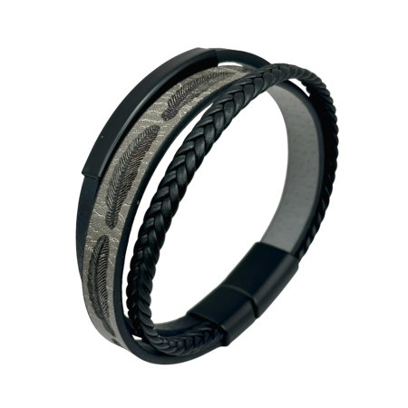 Bijuterii Barbatesti - Bratara barbati FEATHER, Piele gri negru