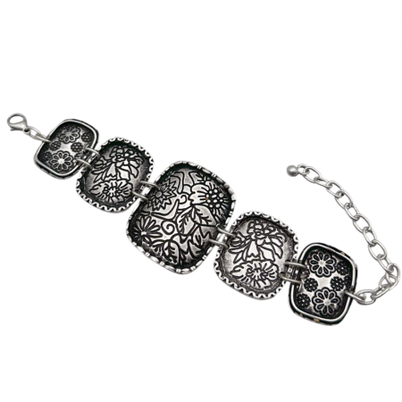Cercei & Bratari & Inele - Bratara din zamac DAISY cu simboluri florale, Argintiu antichizat