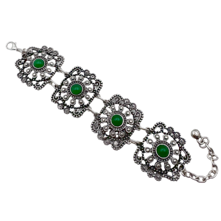 Cercei & Bratari & Inele - Bratara din zamac TUKER cu pietre verzi, Argintiu antichizat