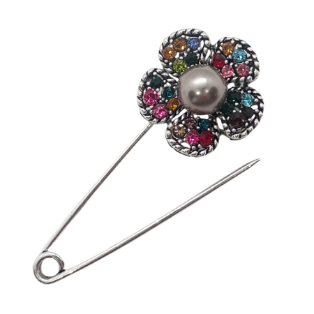 Brosa Ac de siguranta argintiu Floare BEATRIZ cu perla si cristale [1]