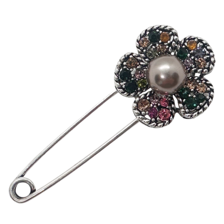 Brose & Pandantive - Brosa Ac de siguranta argintiu Floare BEATRIZ cu perla si cristale