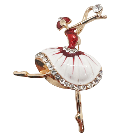 Brose & Lantisoare - Brosa Balerina cu rochie alb-rosu cu strasuri LOUISE