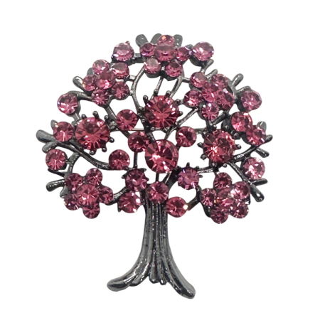 Brose & Lantisoare - Brosa Copacul Vietii argintiu cu cristale roz BLOOM