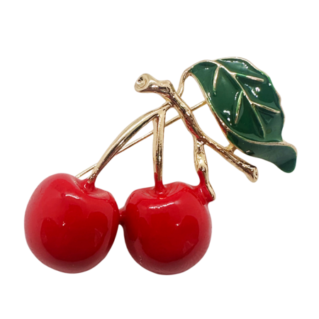 Brose & Lantisoare - Brosa aurie cu Cirese rosii si frunza verde CHERIDA