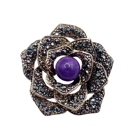 Brose - Brosa eleganta Floare DIANA aurie cu cristale negre si ametist