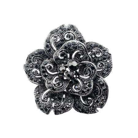 Brose - Brosa eleganta Floare SOPHIE cu cristale negre, Argintiu, 4.5 cm