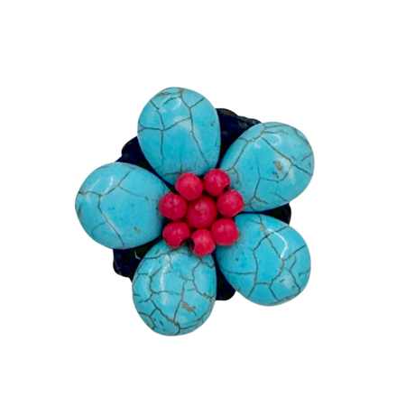 Brose & Pandantive - Broșă Floare Turcoaz cu margelute Roșii – Stil Boho Chic