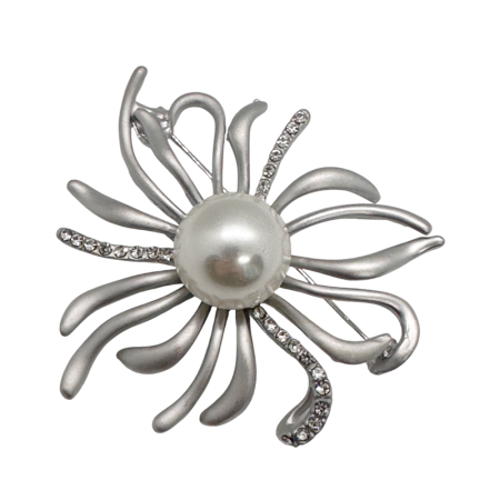 Brose & Lantisoare - Broșă elegantă în formă de floare, cu perlă centrală și strasuri