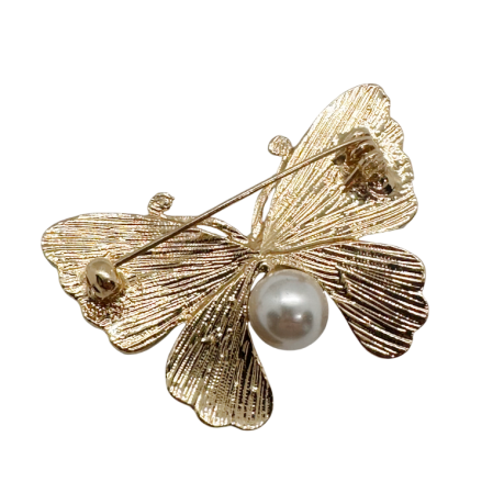 Broșă elegantă aurie fluture gri sidefat cu perlă și cristale [1]