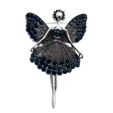 Brose & Pandantive - Broșă înger cu aripi și cristale negre EVANGELINE argintie