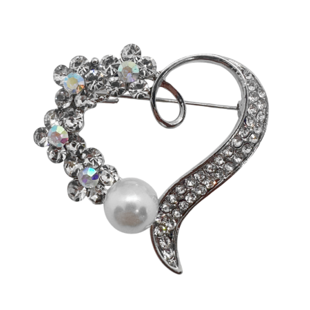 Brose & Lantisoare - Broșă Inima argintie AMY cu perla și cristale