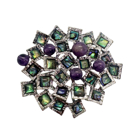 Brose & Lantisoare - Brosa- Pandantiv argintie cu paua shell si ametist QUEEN