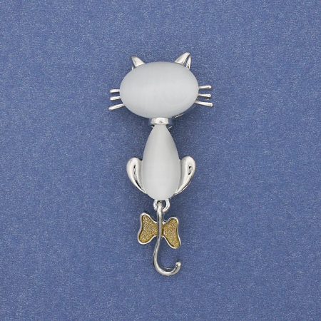 Broșă - Pandantiv Pisicuță Argintie cu Fundiță Aurie si sidef [1]
