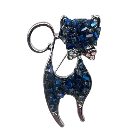 Brose & Pandantive - Brosa Pisica LUCY cu strasuri albastre, Argintiu, 4cm