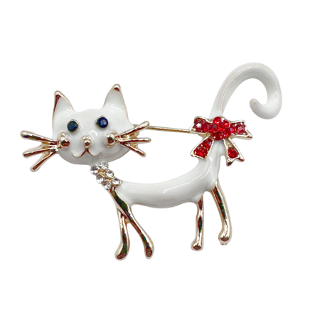 Brose & Pandantive - Brosa cu Pisica alba MILTON - metal Auriu