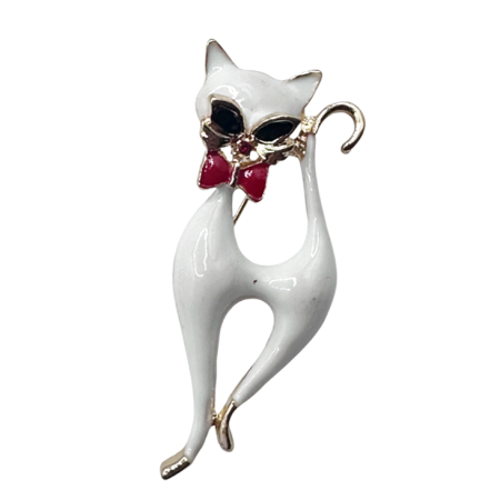 Broșă pisică albă cu fundita QUEEN [2]