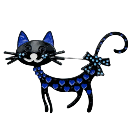 Brose & Pandantive - Brosa Pisica SHEEBA cu Inimioare, Negru/ Albastru, 6 cm