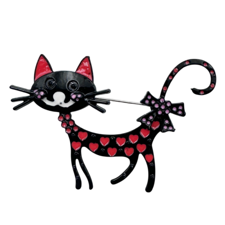 Brose & Pandantive - Brosa Pisica SHEEBA cu Inimioare, Negru/ Rosu, 6 cm